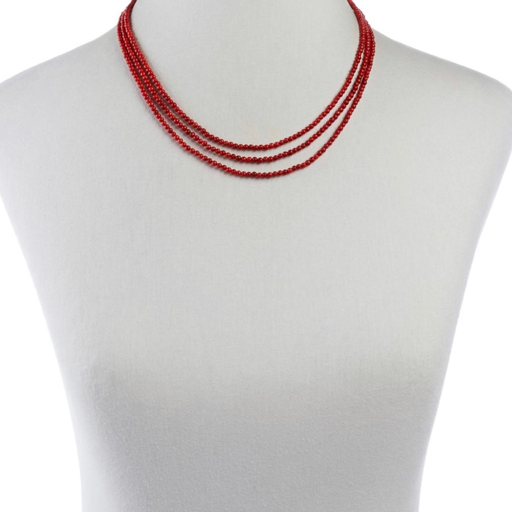 Red Coral Bead 3-Strand Necklace  & earrings (pierced) by Jay King - Picture 4 of 6